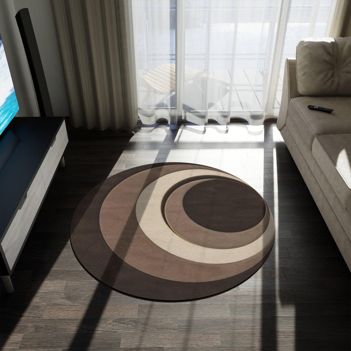 Neutral Crescent Layered Design Round Rug | Modern Boho Circle Pattern Printify