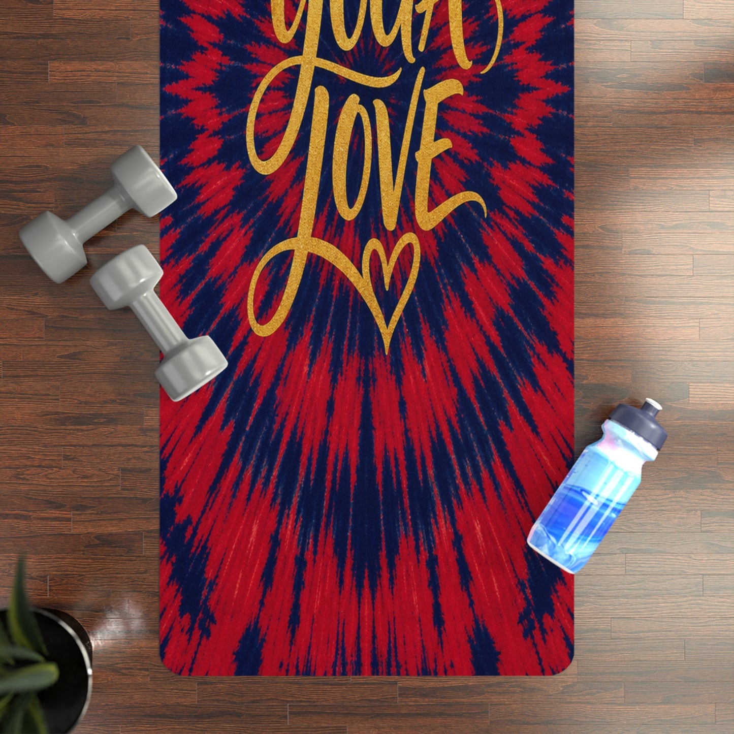 Yoga Love tie dye rubber yoga mat | red blue spiral, hand-lettered script - Best Yoga Mats for Home Workouts