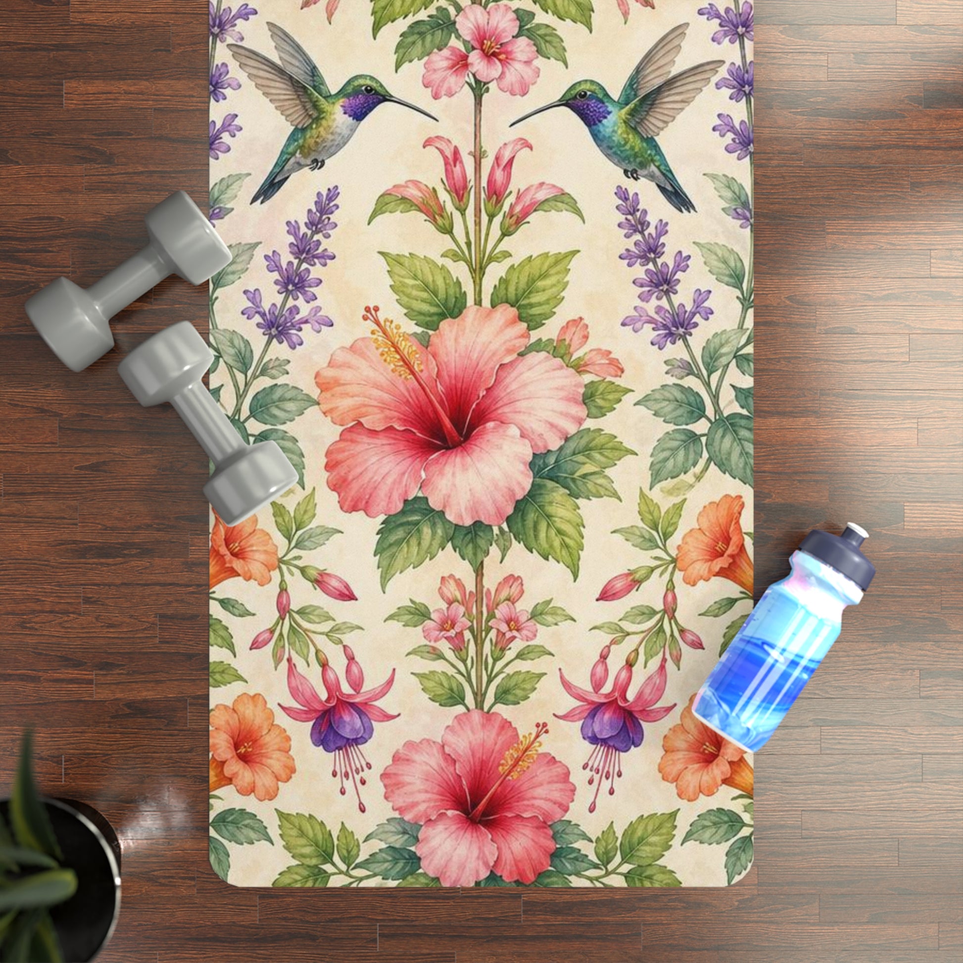 Hummingbird Floral Pattern Rubber Yoga Mat | Tropical Hibiscus Botanical Design - Best Yoga Mats for Home Workouts