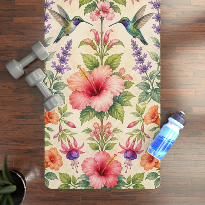 Hummingbird Floral Pattern Rubber Yoga Mat | Tropical Hibiscus Botanical Design - Best Yoga Mats for Home Workouts