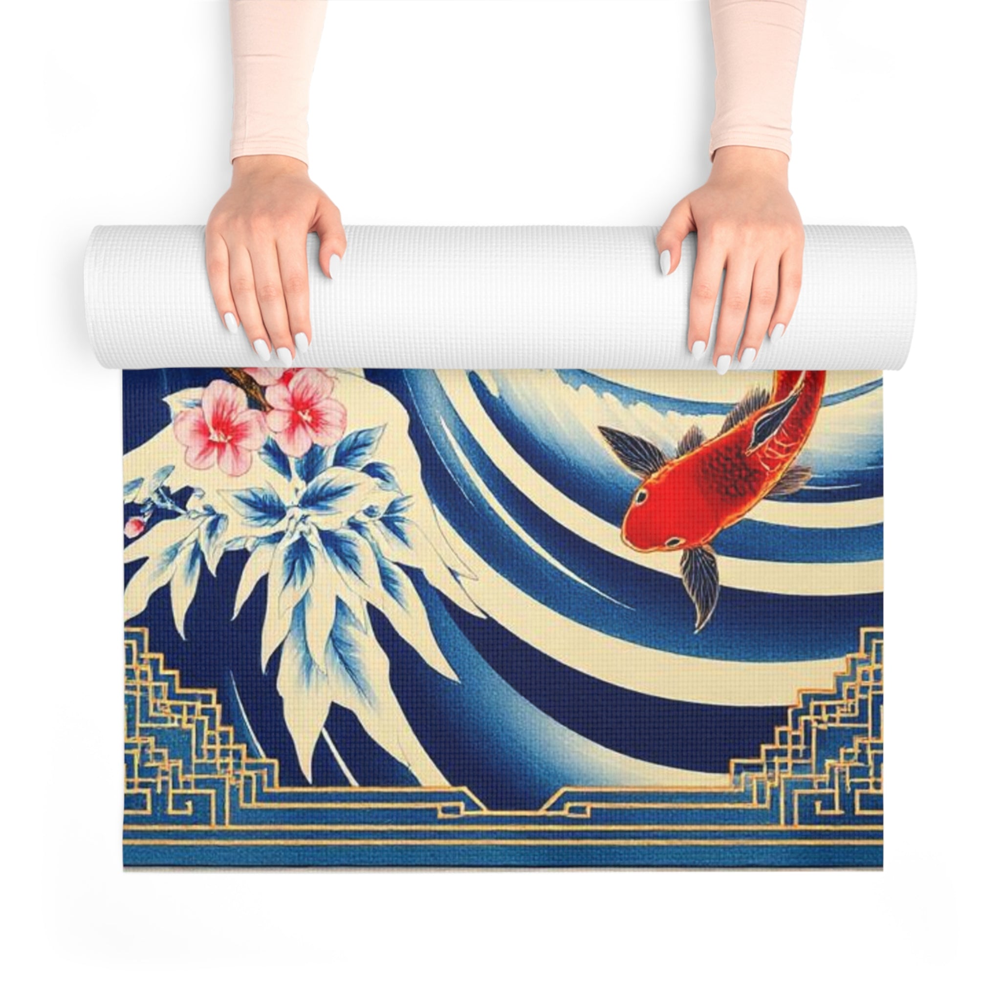 Koi Wave Floral Foam Yoga Mat | Japanese Wave, Cherry Blossoms