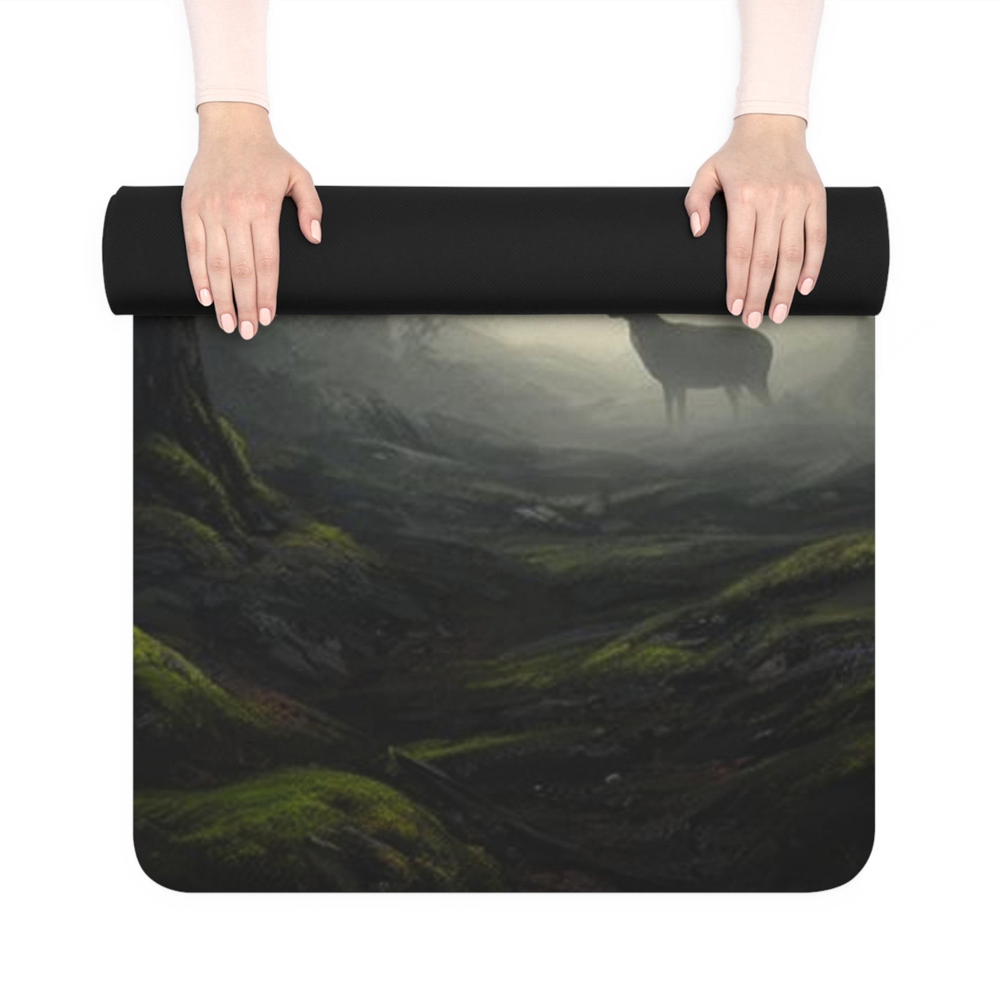 Misty Forest Deer Rubber Yoga Mat | Woodland Fog Landscape - Best Yoga Mats for Home Workouts