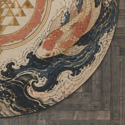 Koi Fish Mandala Round Rug | Asian Zen Symbol, Wave Pattern Printify