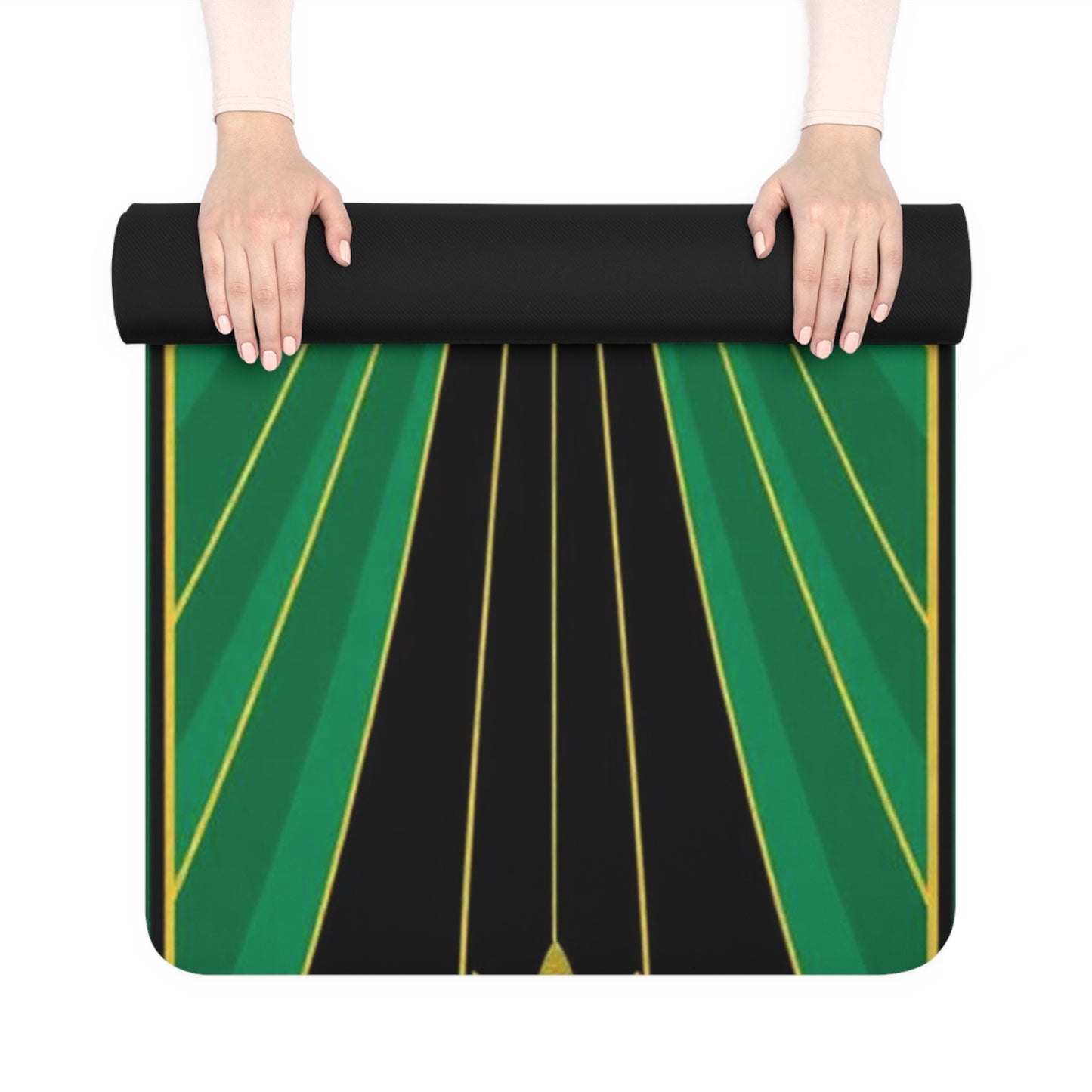 Green Art Deco Fan Rubber Yoga Mat | Geometric Sunburst Design - Best Yoga Mats for Home Workouts