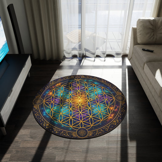 Flower of Life Mandala Round Rug | Cosmic Geometric Tapestry Printify