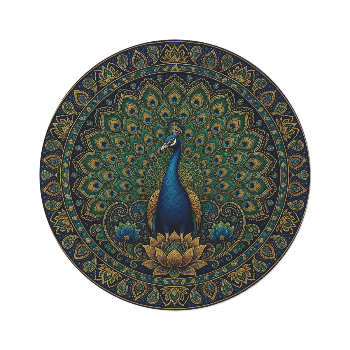 Peacock Mandala Round Rug | Boho Peacock Decorative Rug | Living Room Gift Printify