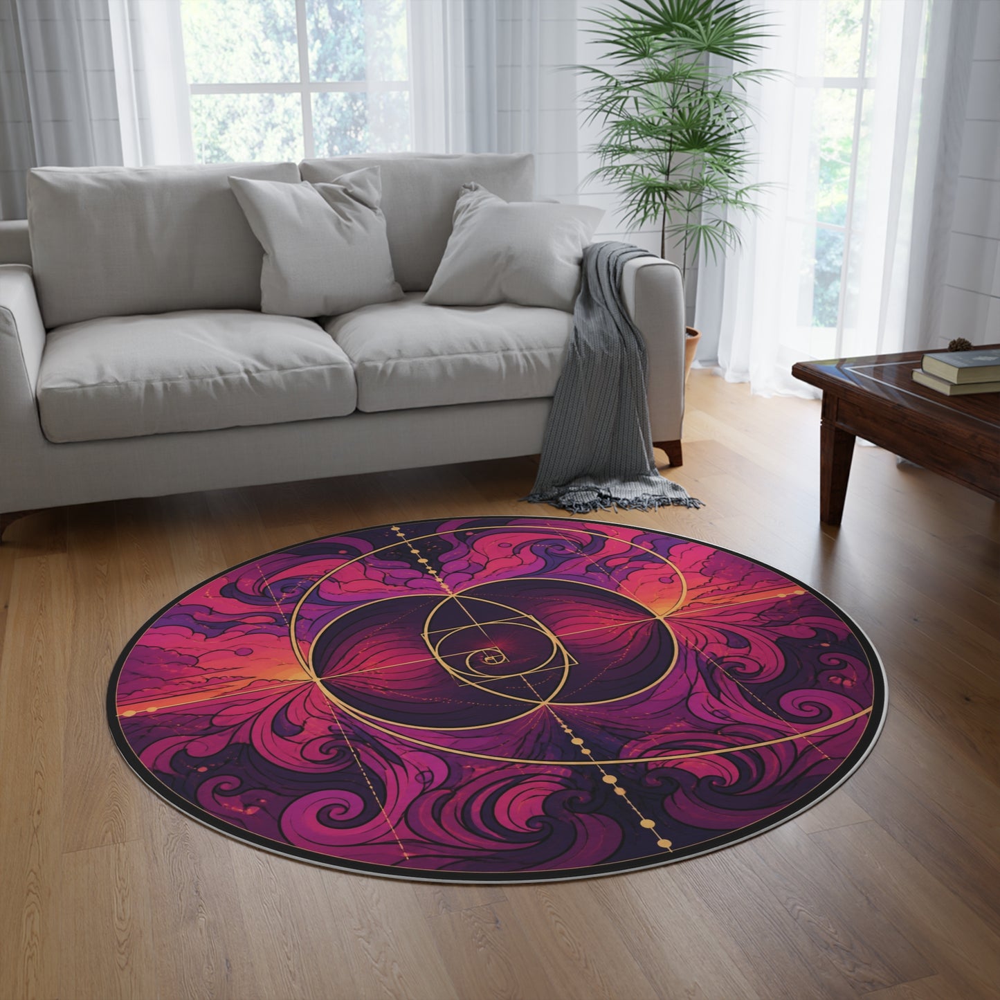Enchanted Waterfall Fantasy Round Rug | Sunset Sacred Geometry Washable Floor Mat | Boho Mandala Living Room Decor | Non-Slip Printify