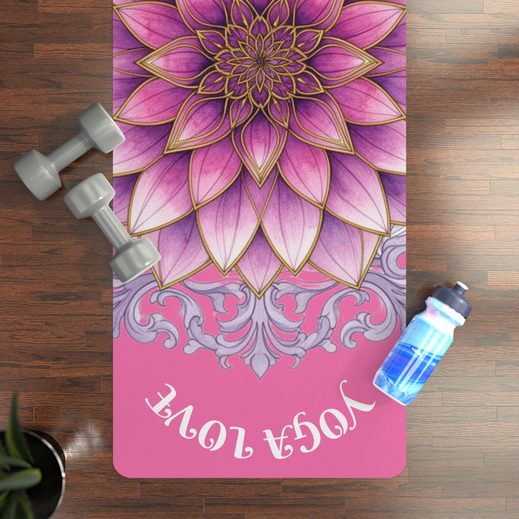 Pink Lotus "Yoga Love" Rubber Yoga Mat  | Aesthetic Workout Mat for Women, Meditation Accessory, Home Fitness & Wellness Gift | Printify