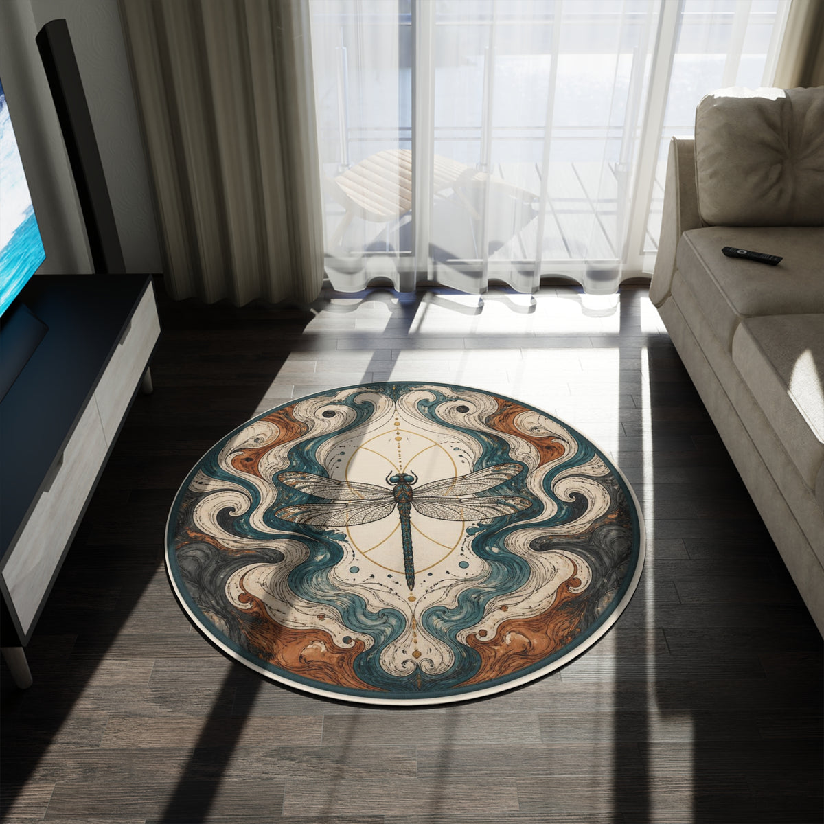 Dragonfly Mandala Round Rug | Boho Nature Medallion Carpet Printify