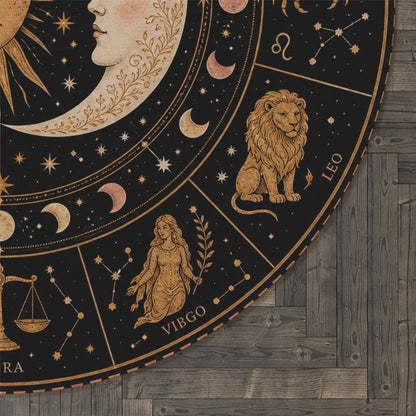 Sun and Moon Zodiac Wheel Round Rug | Astrology Symbols, Celestial Decor Printify
