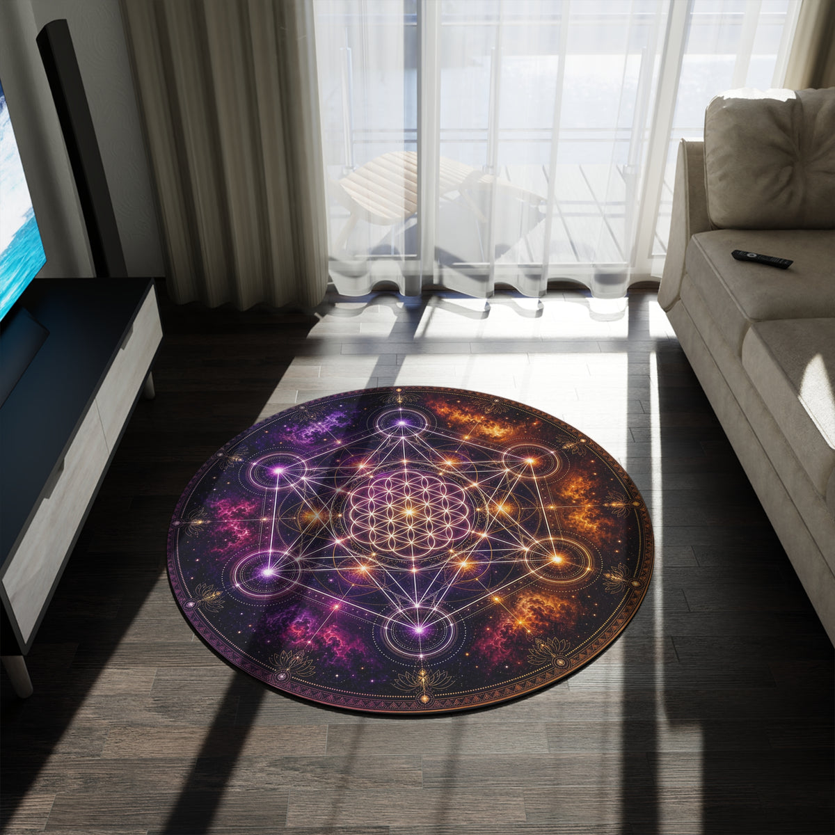 Sacred Geometry Metatron's Cube Round Rug | Cosmic Flower of Life Floor Mat Printify