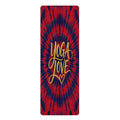 Yoga Love tie dye rubber yoga mat | red blue spiral, hand-lettered script