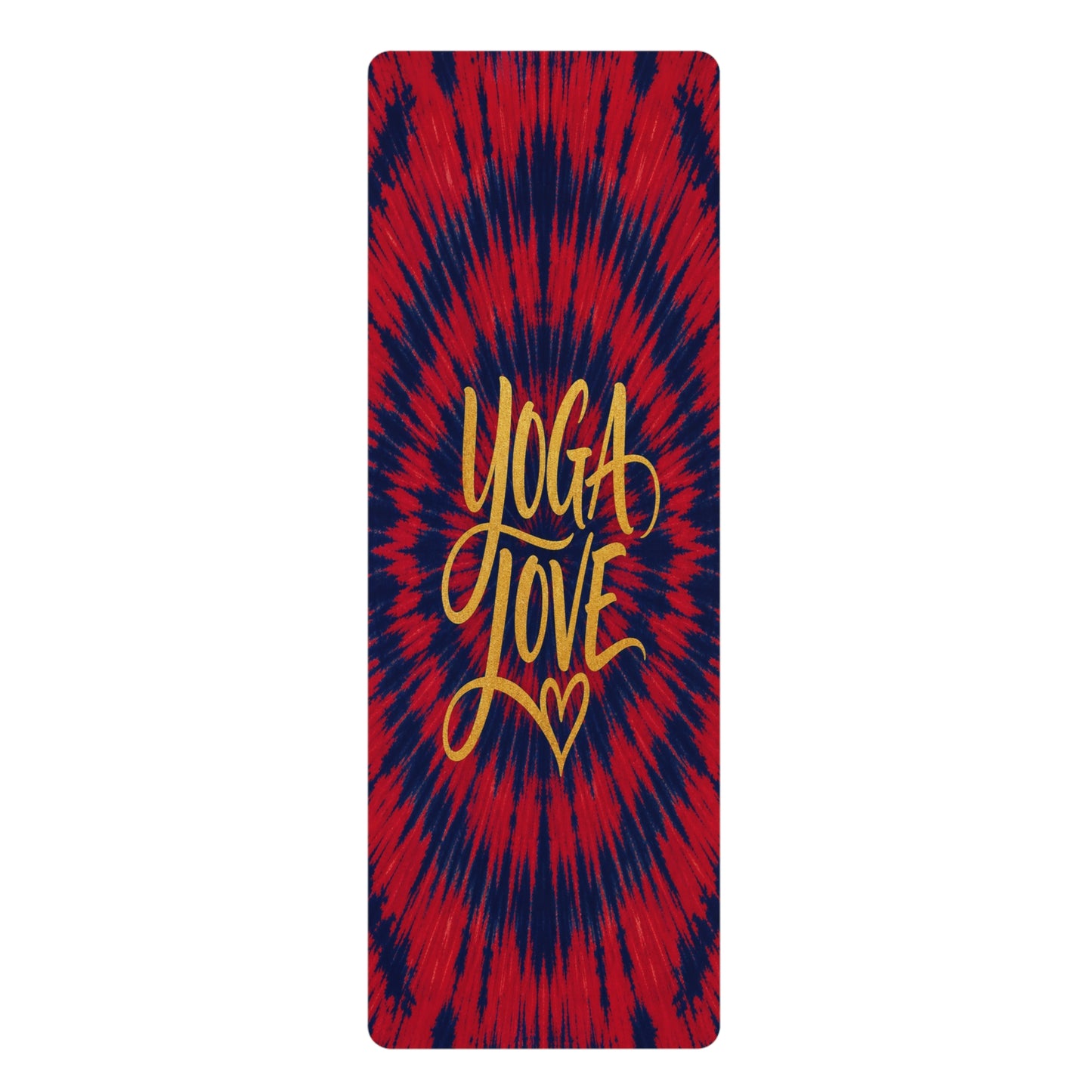 Yoga Love tie dye rubber yoga mat | red blue spiral, hand-lettered script - Best Yoga Mats for Home Workouts