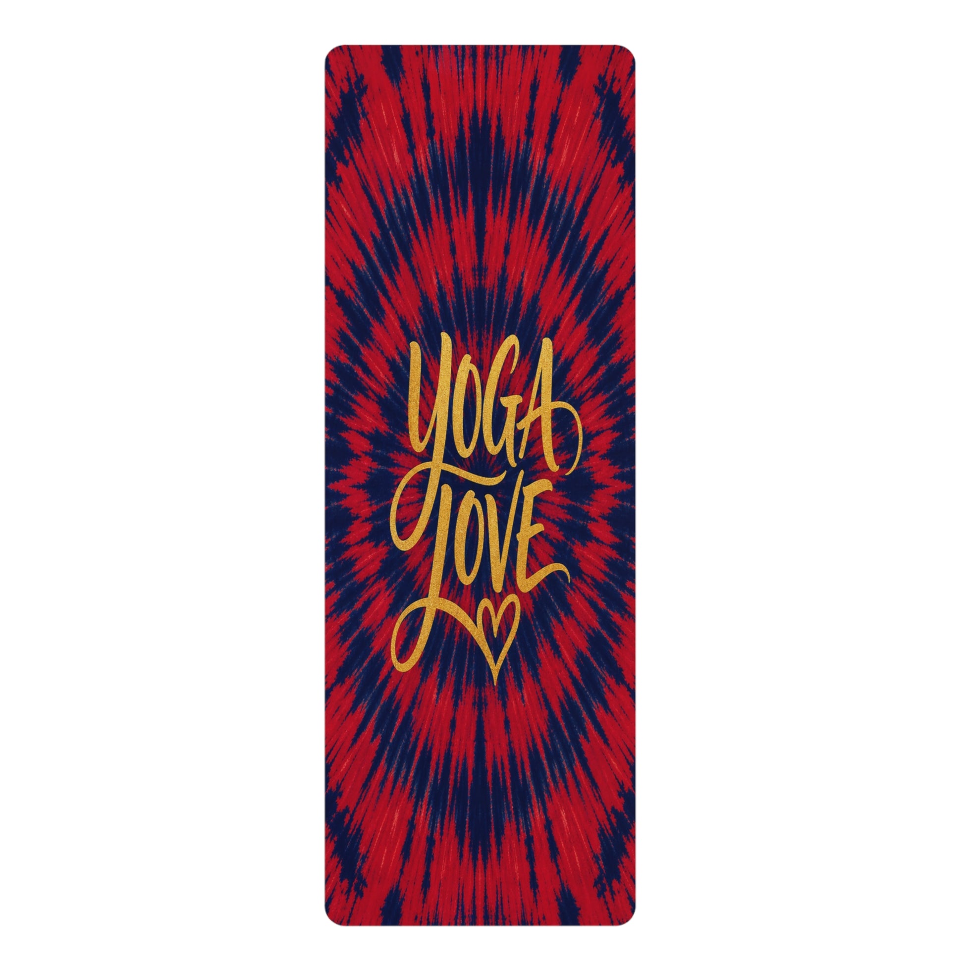 Yoga Love tie dye rubber yoga mat | red blue spiral, hand-lettered script - Best Yoga Mats for Home Workouts