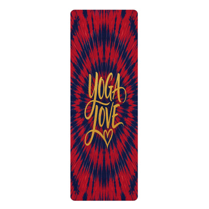 Yoga Love tie dye rubber yoga mat | red blue spiral, hand-lettered script - Best Yoga Mats for Home Workouts