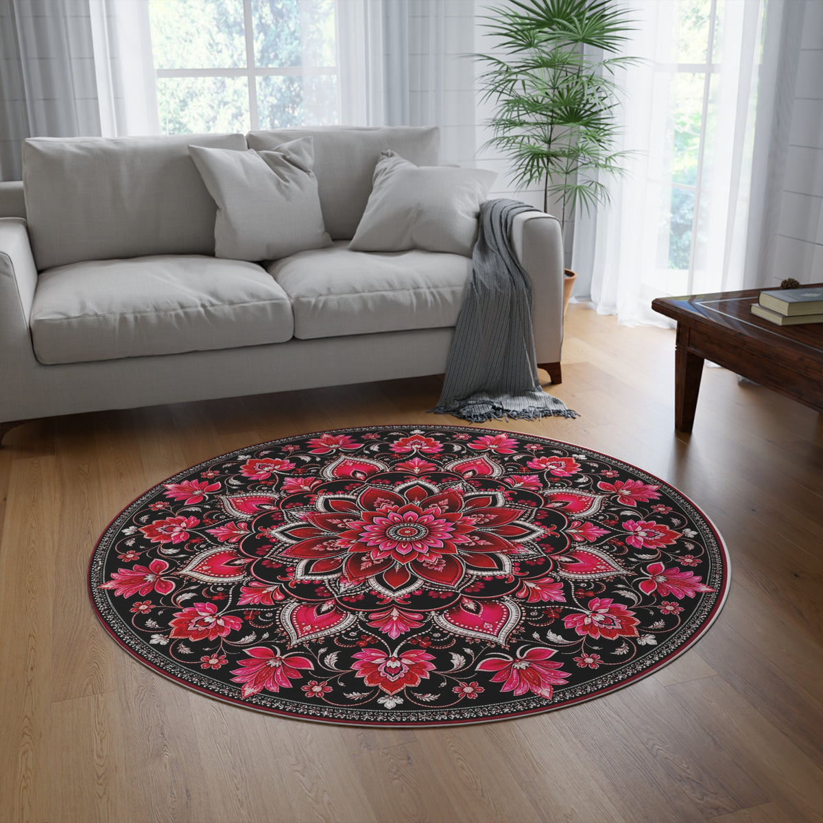 Pink Mandala Floral Round Rug | Boho Meditation Floor Mat Printify