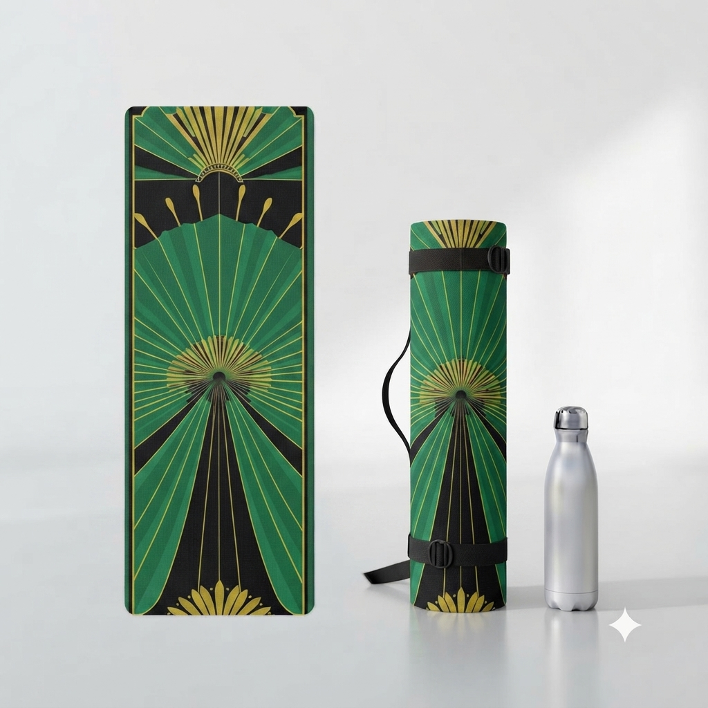 Art Deco Green Fan Pattern Foam Yoga Mat | Retro Geometric Exercise Mat Printify