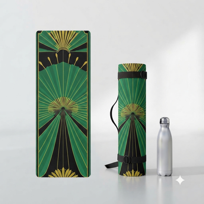 Art Deco Green Fan Pattern Foam Yoga Mat | Retro Geometric Exercise Mat Printify