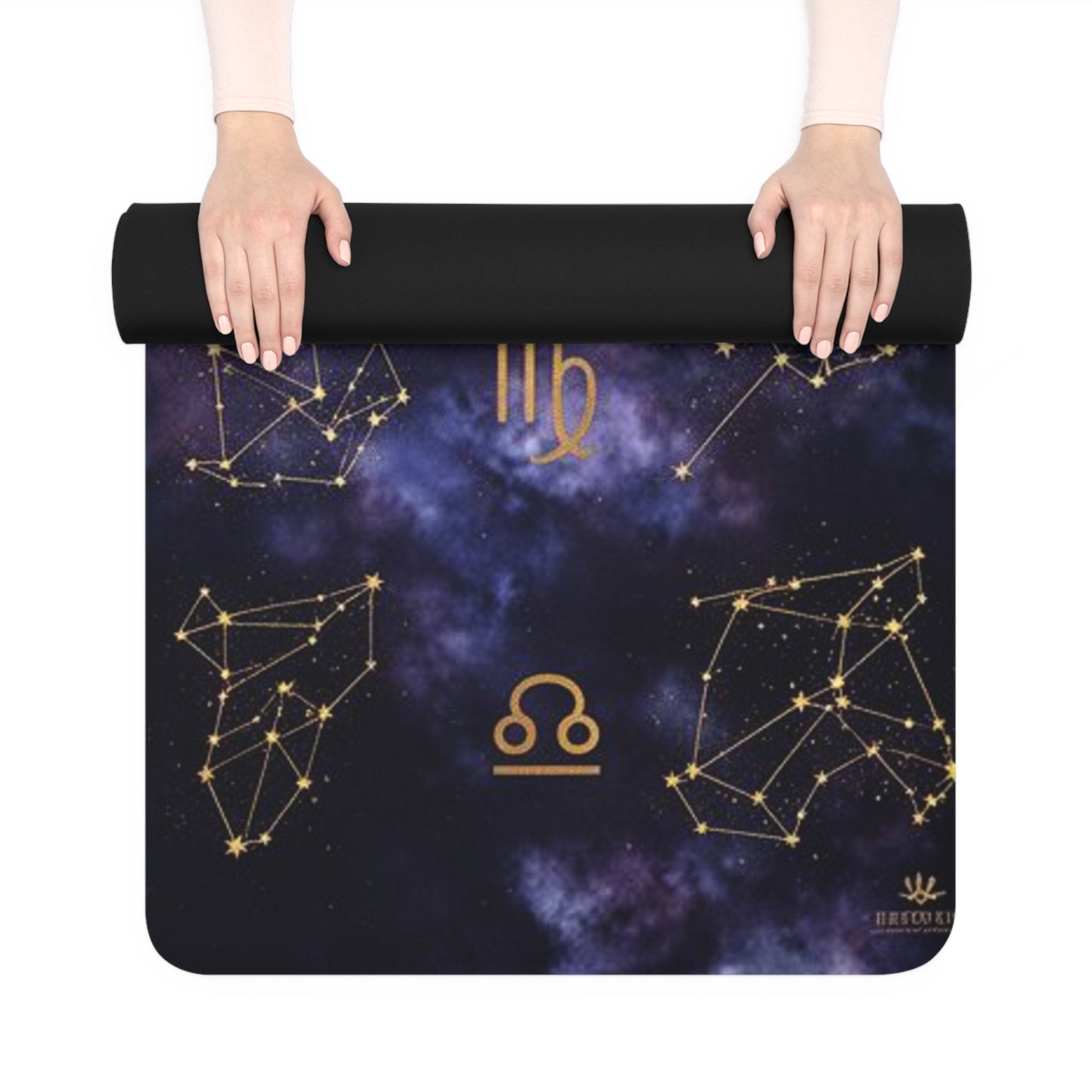 Zodiac Wheel Constellation rubber yoga mat with astrology space mandala design featuring stars and zodiac symbols.