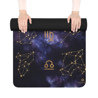 Zodiac Wheel Constellation rubber yoga mat with astrology space mandala design featuring stars and zodiac symbols.
