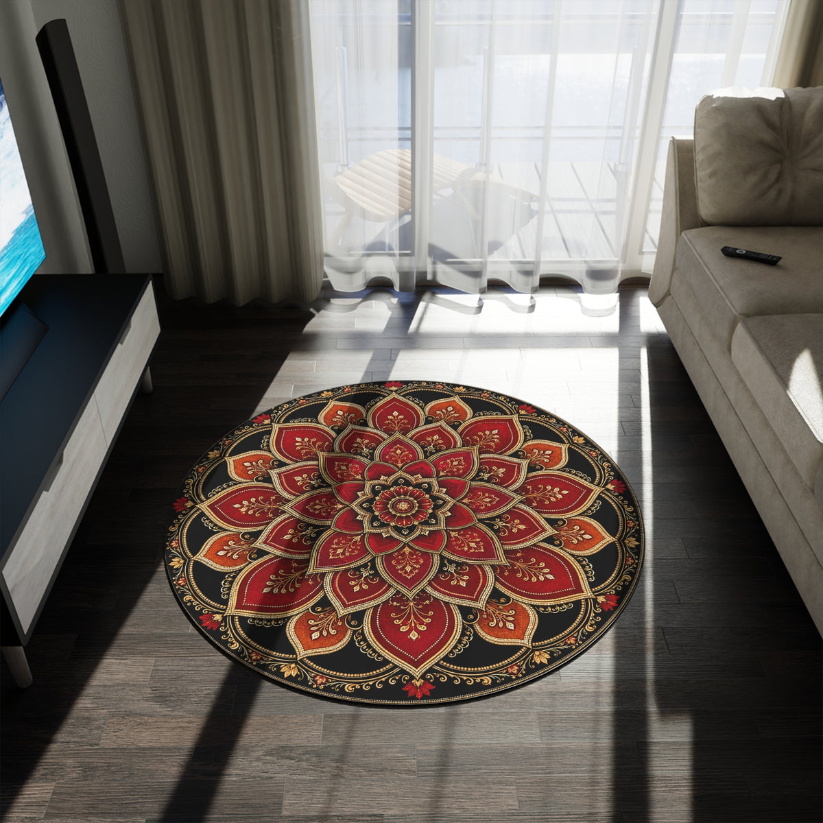 Red Gold Mandala Round Rug | Boho Floor Decor Printify
