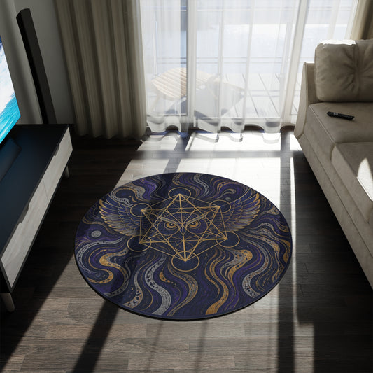 Geometric Owl with Wings Round Rug | Mystic Sacred Geometry Boho Floor Mat Printify