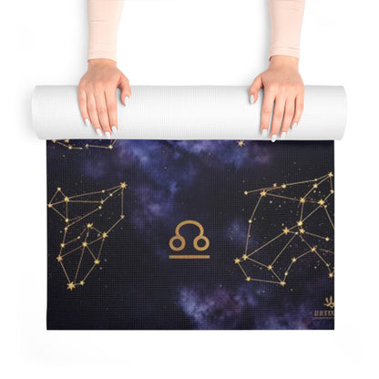 Zodiac constellation mandala foam yoga mat with galaxy star pattern, featuring astrological symbols and celestial design.
