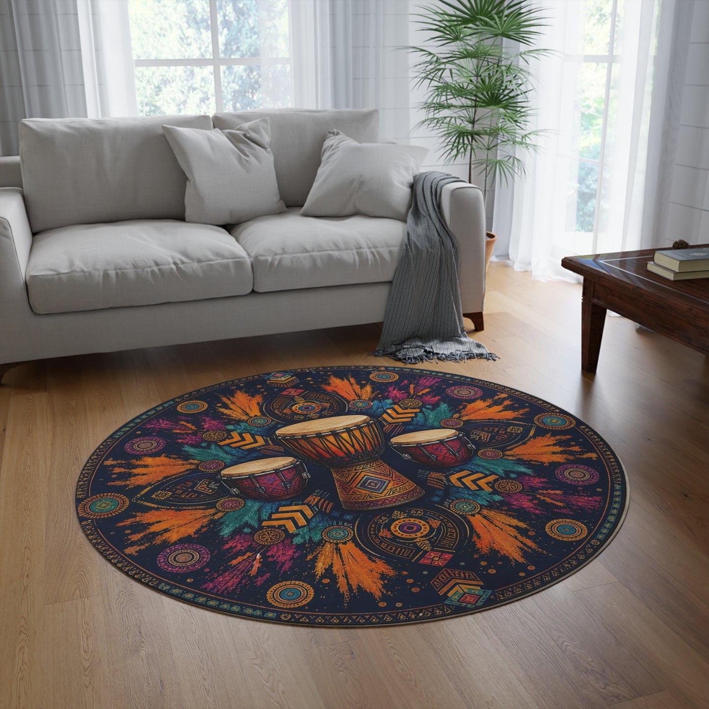 Tribal Djembe Drums Round Rug | Boho Mandala Drum Pattern Printify