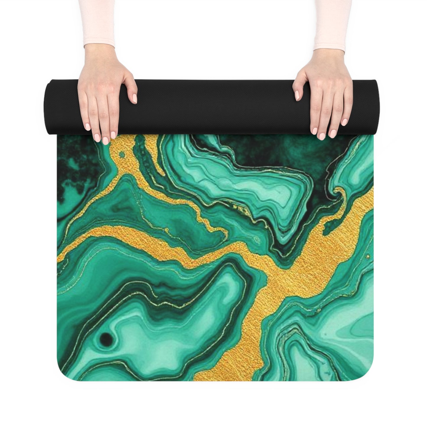 Green Gold Marble Swirl Rubber Yoga Mat | Abstract Agate Pattern - Best Yoga Mats for Home Workouts
