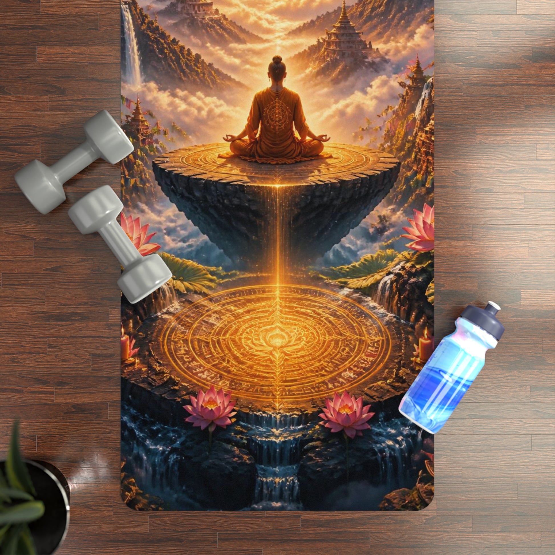 Meditating Buddha Mountain Sunrise Rubber Yoga Mat | Spiritual Mandala Lotus Printify