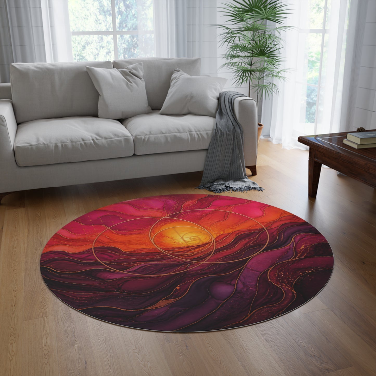 Enchanted Waterfall Fantasy Round Rug | Sunset Sacred Geometry Washable Floor Mat | Boho Mandala Living Room Decor | Non-Slip Printify