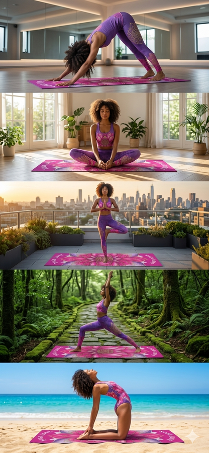 Pink yoga mat with lotus mandala design, non-slip surface for fitness, meditation, and home workouts.