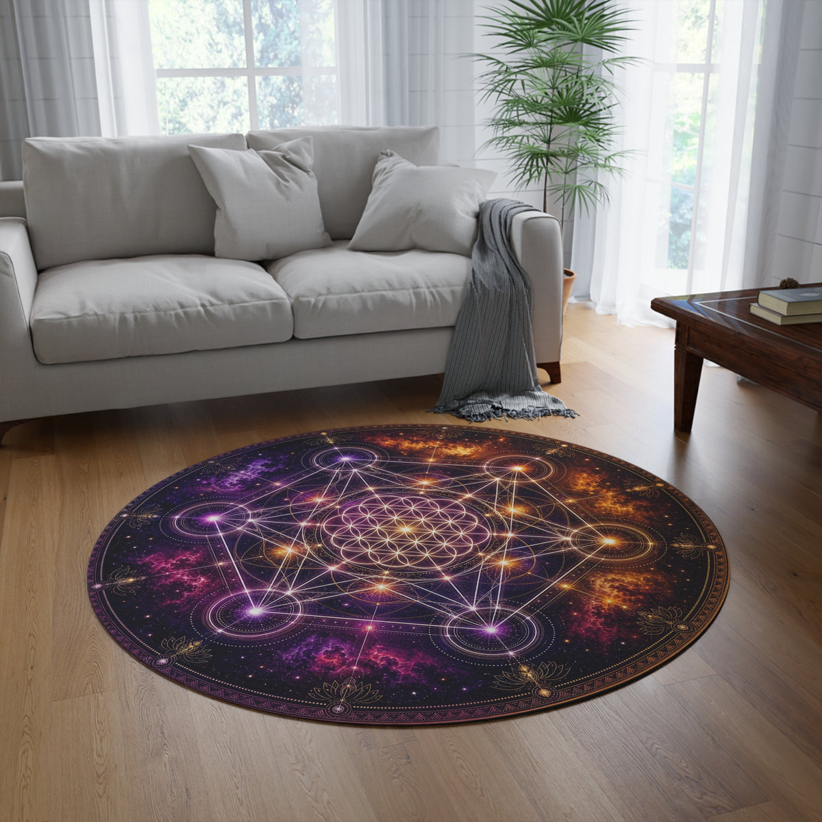Sacred Geometry Metatron's Cube Round Rug | Cosmic Flower of Life Floor Mat Printify