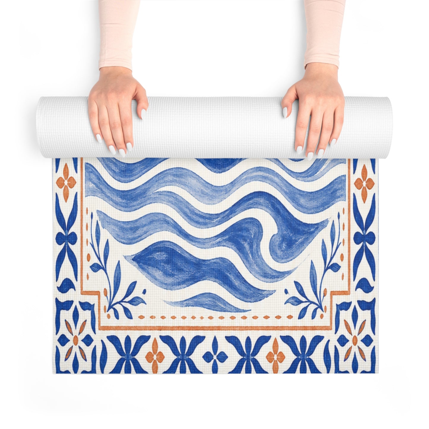 Mediterranean tile design Sun and Waves Yoga Love foam yoga mat by Printify, featuring vibrant coastal-inspired patterns for home decor.