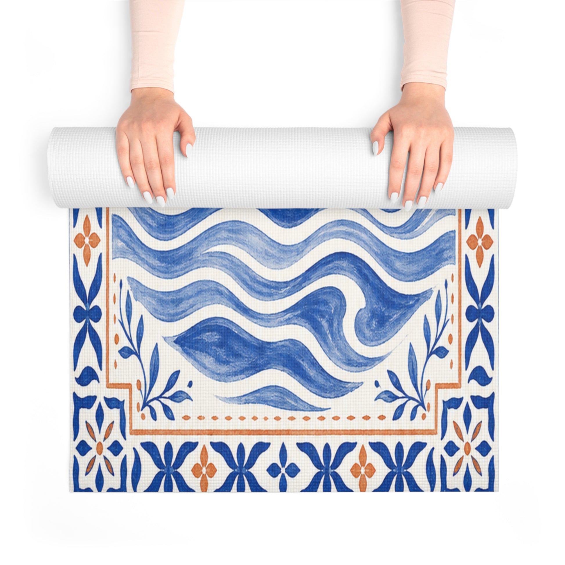 Mediterranean tile design Sun and Waves Yoga Love foam yoga mat by Printify, featuring vibrant coastal-inspired patterns for home decor.