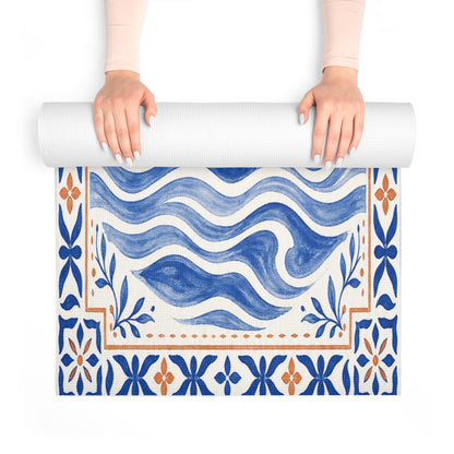 Mediterranean tile design Sun and Waves Yoga Love foam yoga mat by Printify, featuring vibrant coastal-inspired patterns for home decor.