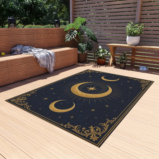 Celestial Crescent Moon Outdoor Rug | Gold Stars Night Sky Printify
