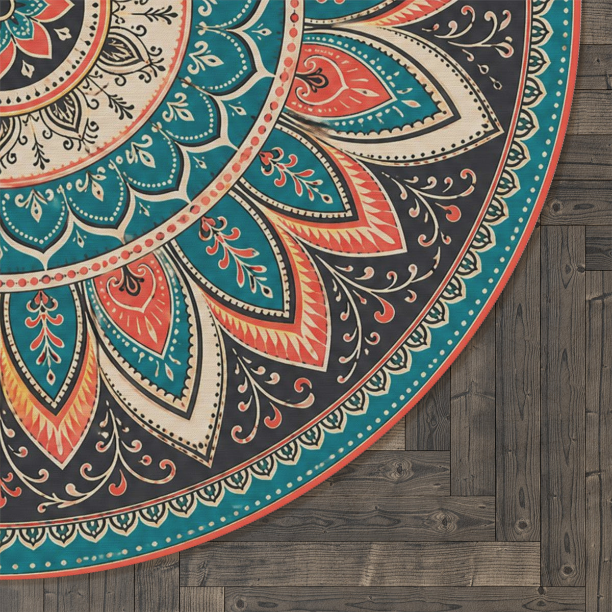 Boho Mandala Round Rug | Teal Coral Floral Medallion Floor Mat Printify