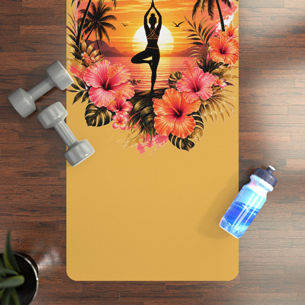 Sunset Yoga Pose Rubber Yoga Mat | Tropical Palm Hibiscus Design Printify