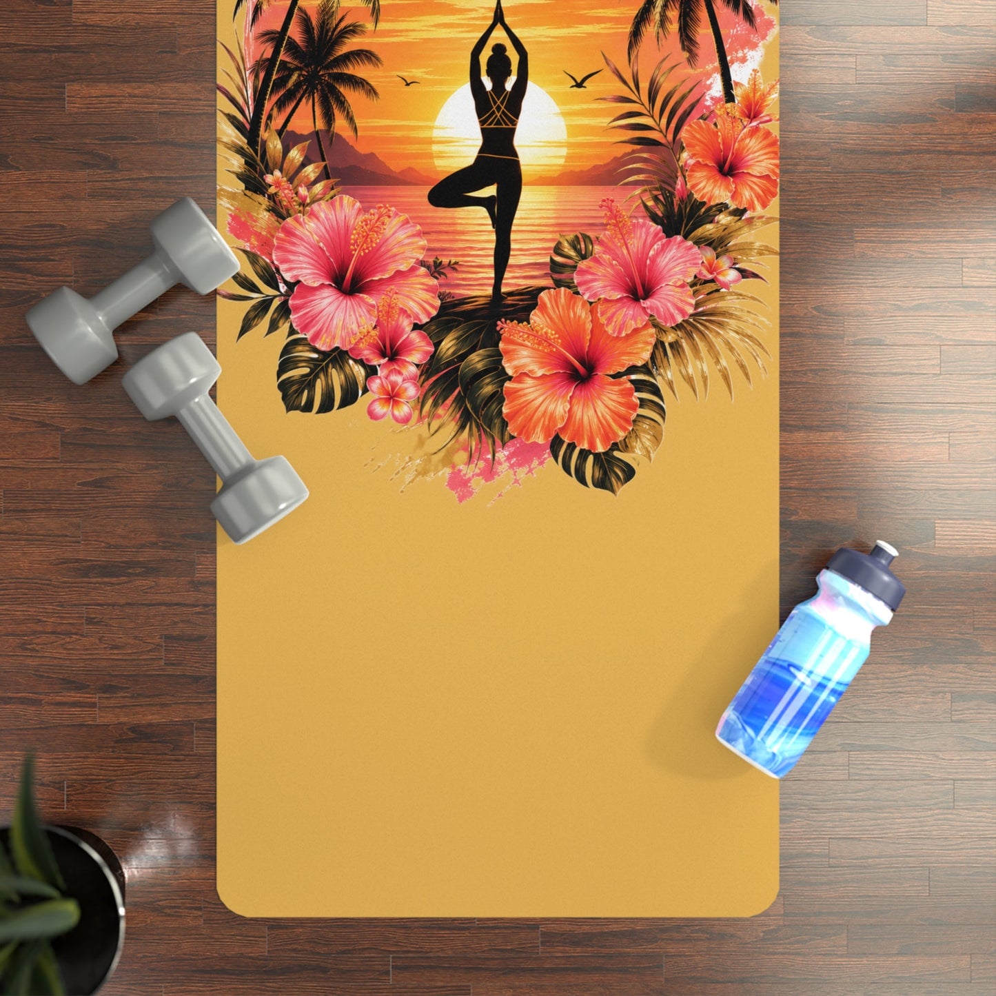 Sunset Yoga Pose Rubber Yoga Mat | Tropical Palm Hibiscus Design - Best Yoga Mats for Home Workouts