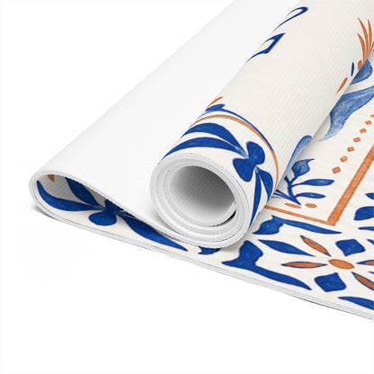 Sun and Waves Yoga Love foam yoga mat with Mediterranean tile design, featuring vibrant sun and wave patterns for home decor.