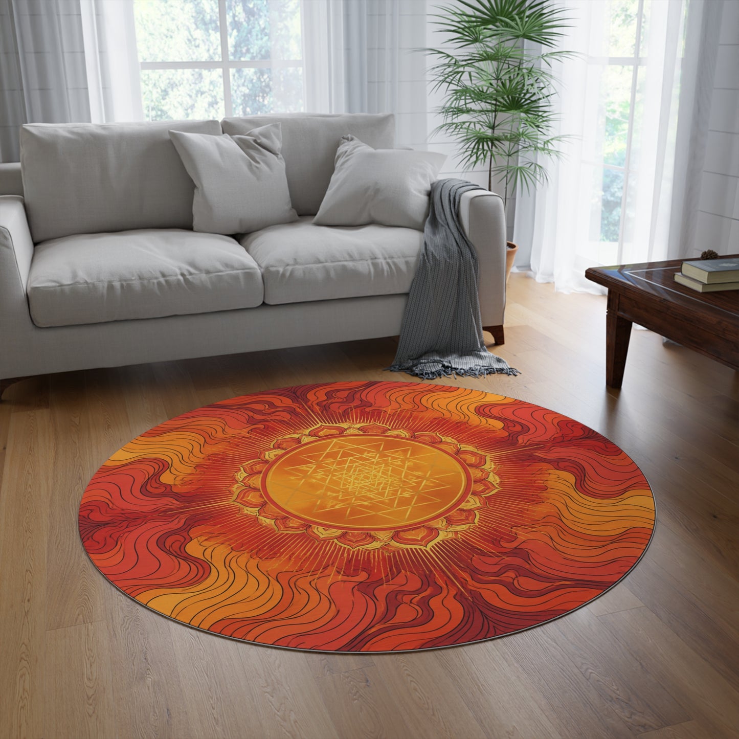 Enchanted Waterfall Fantasy Round Rug | Sacred Geometry Flower of Life Rug 5FT | Golden Ratio Crystal Grid Spiritual Floor Mat Printify