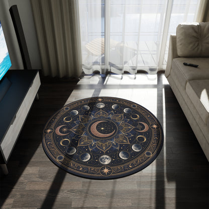Celestial Moon Phase Mandala Round Rug | Astral Cosmic Boho Floor Mat Printify