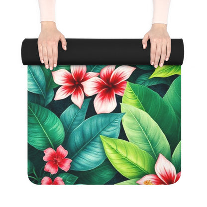 Tropical Hibiscus Leaves Rubber Yoga Mat | Floral Jungle Exercise Mat - Best Yoga Mats for Home Workouts