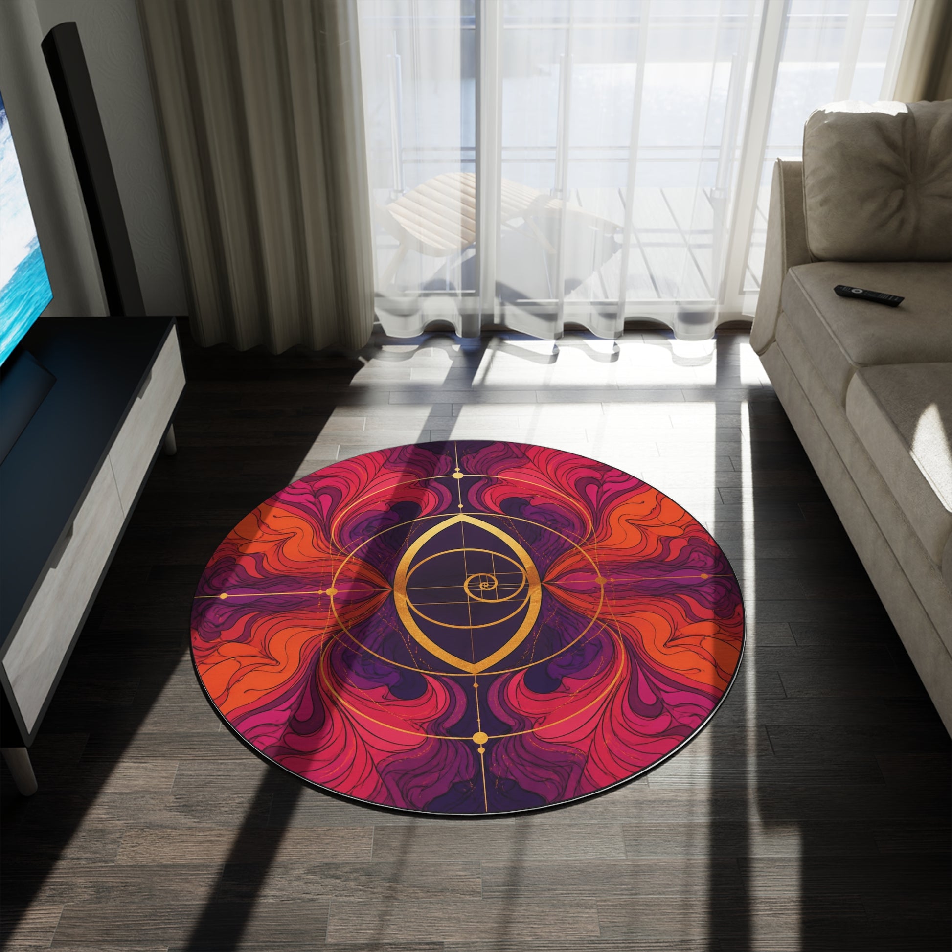 Sacred Geometry Round Rug 5FT | Flower of Life Crystal Grid Spiritual Rug | Enchanted Fantasy Golden Ratio Meditation Floor Mat Printify