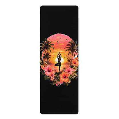 Sunset Yoga Pose Rubber Yoga Mat | Tropical Palm Hibiscus Design - Best Yoga Mats for Home Workouts