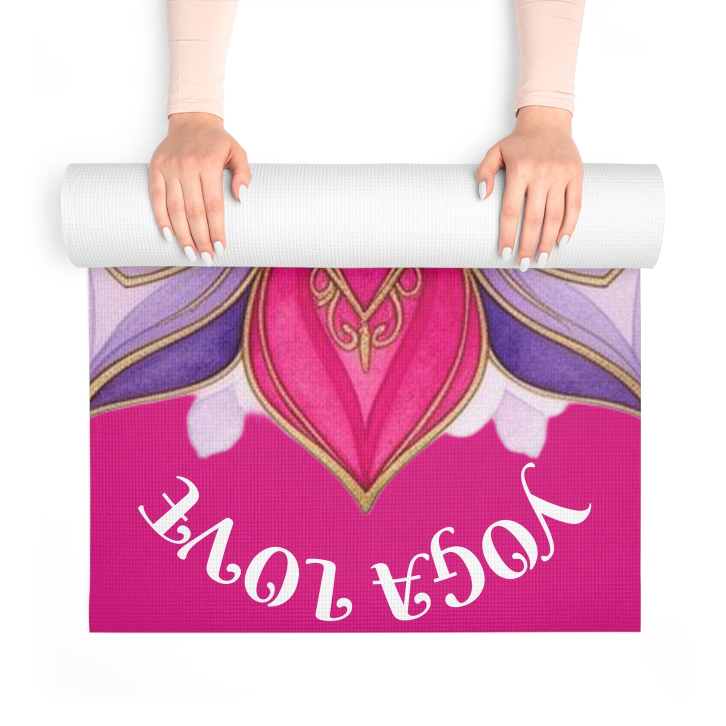 Pink lotus mandala yoga mat from Printify featuring non-slip surface, ideal for home workouts, meditation, and wellness routines.