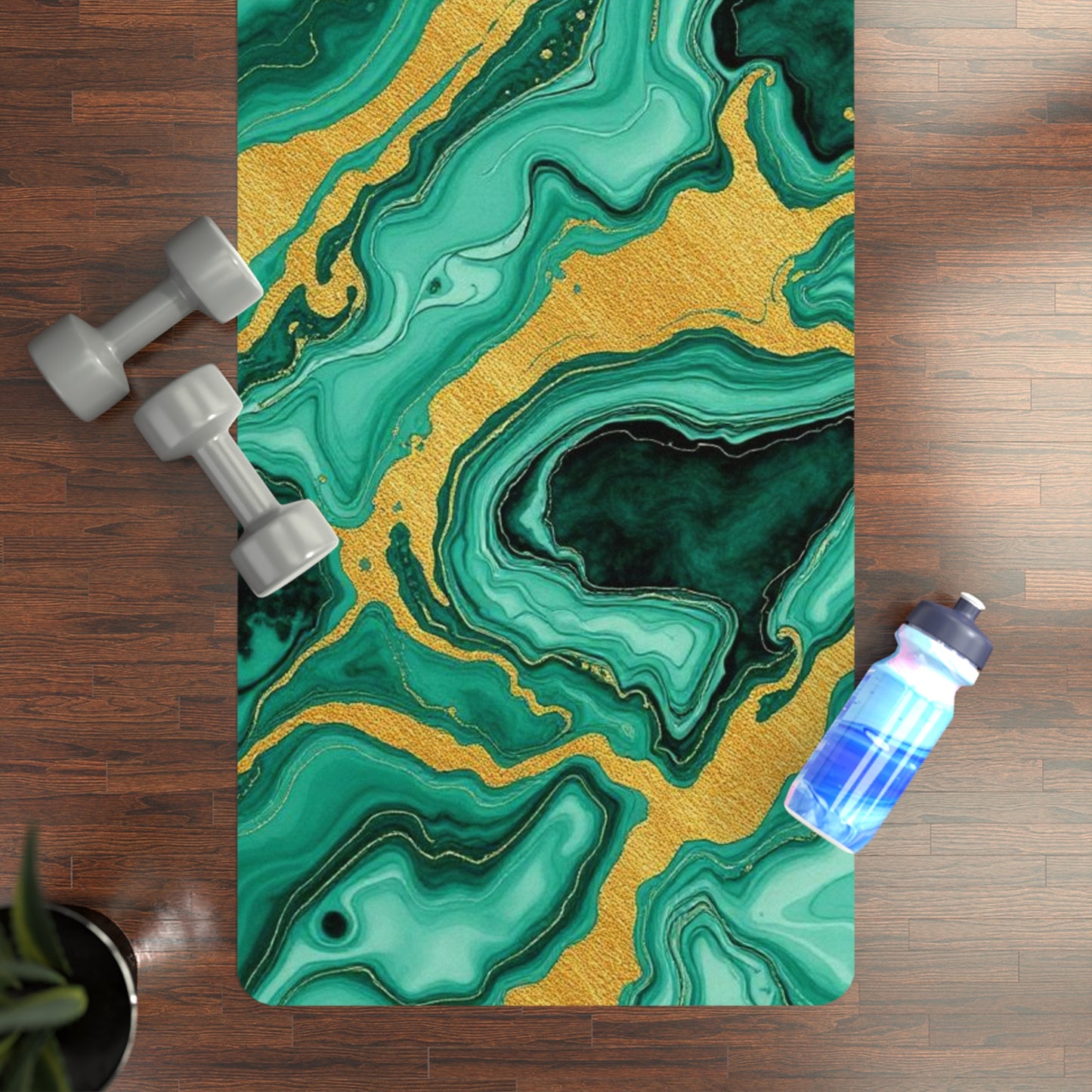 Green Gold Marble Swirl Rubber Yoga Mat | Abstract Agate Pattern - Best Yoga Mats for Home Workouts