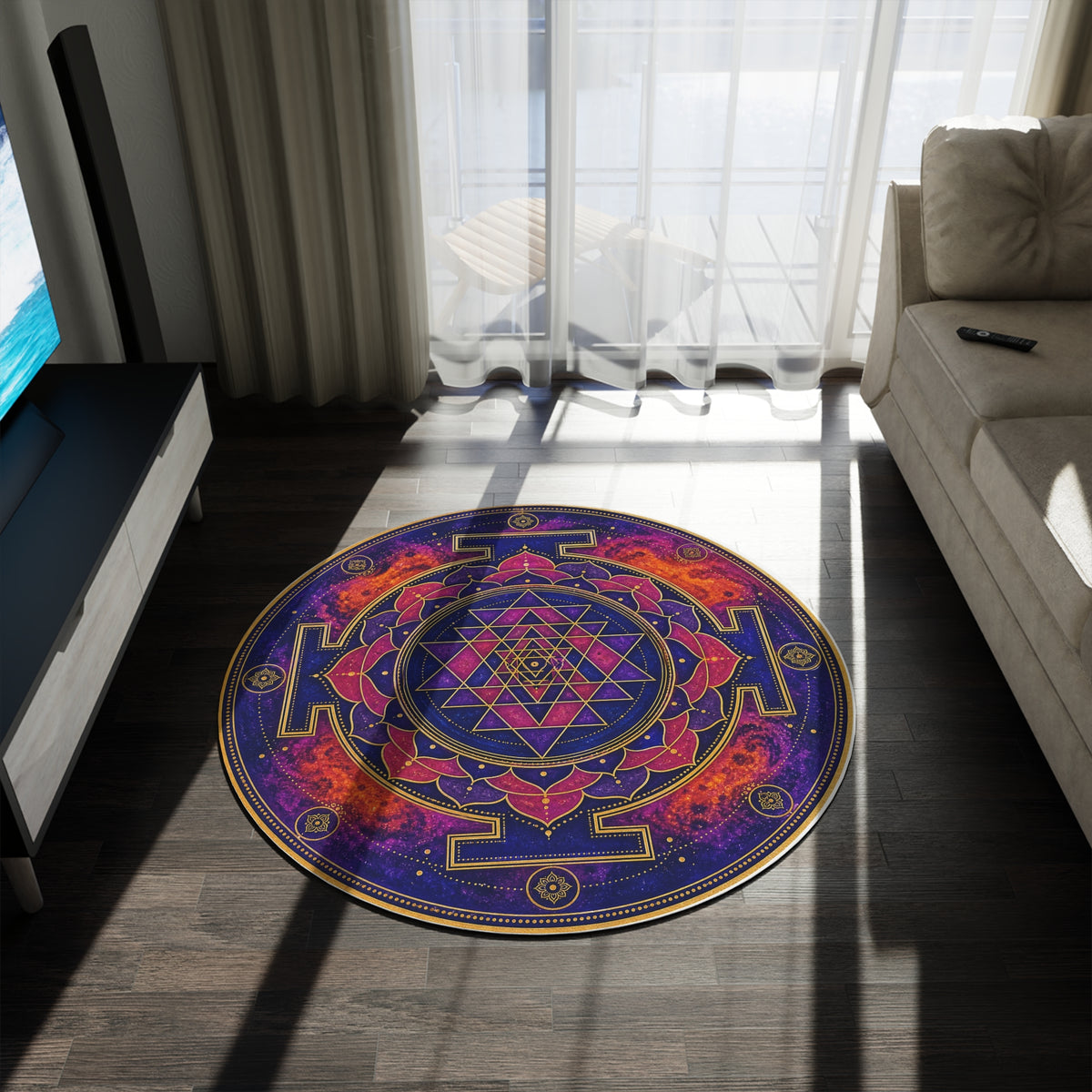 Sacred Sri Yantra Mandala Round Rug | Cosmic Geometric Floor Mat Printify