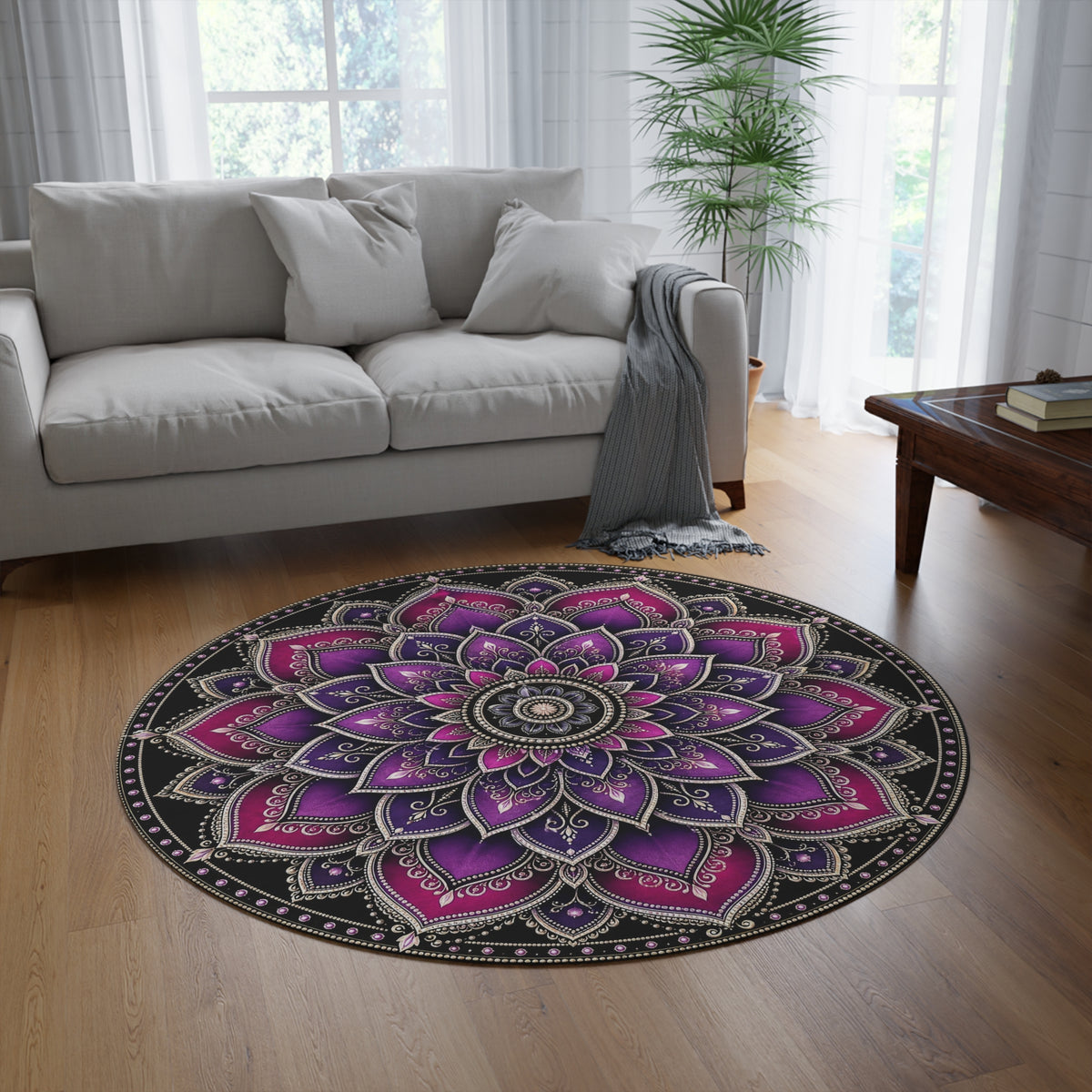 Purple Pink Mandala Round Rug | Boho Floor Mat, Yoga Meditation Decor Printify